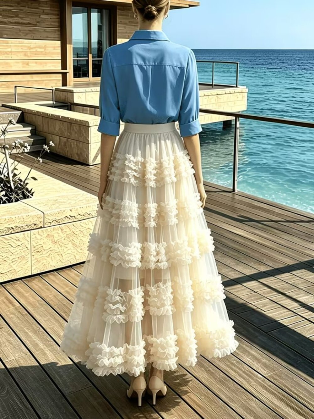 Romantic Cream Tiered Maxi Skirt with Ruffle Accents - Picture 4 of 6